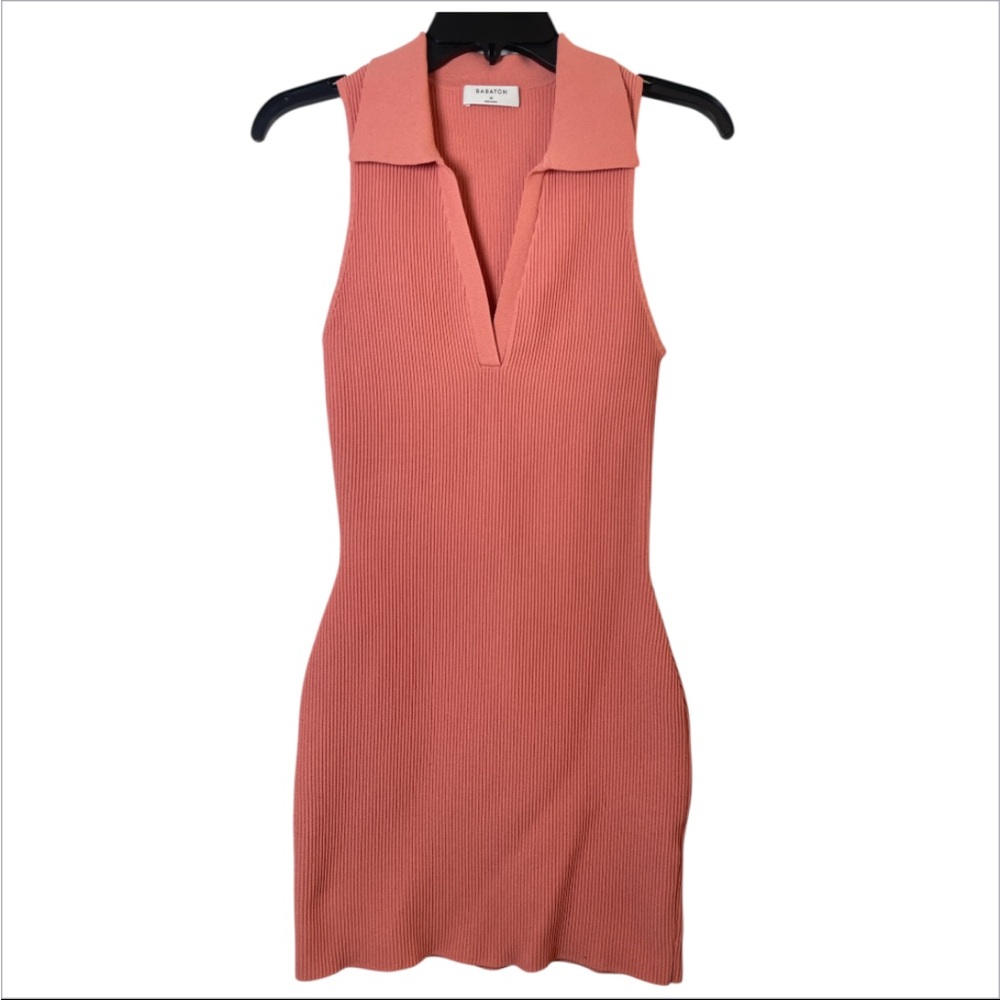 Babaton Women’s Sculpt Knit Polo Dress Coral Ribbed Bodycon Mini Prep Y2K M